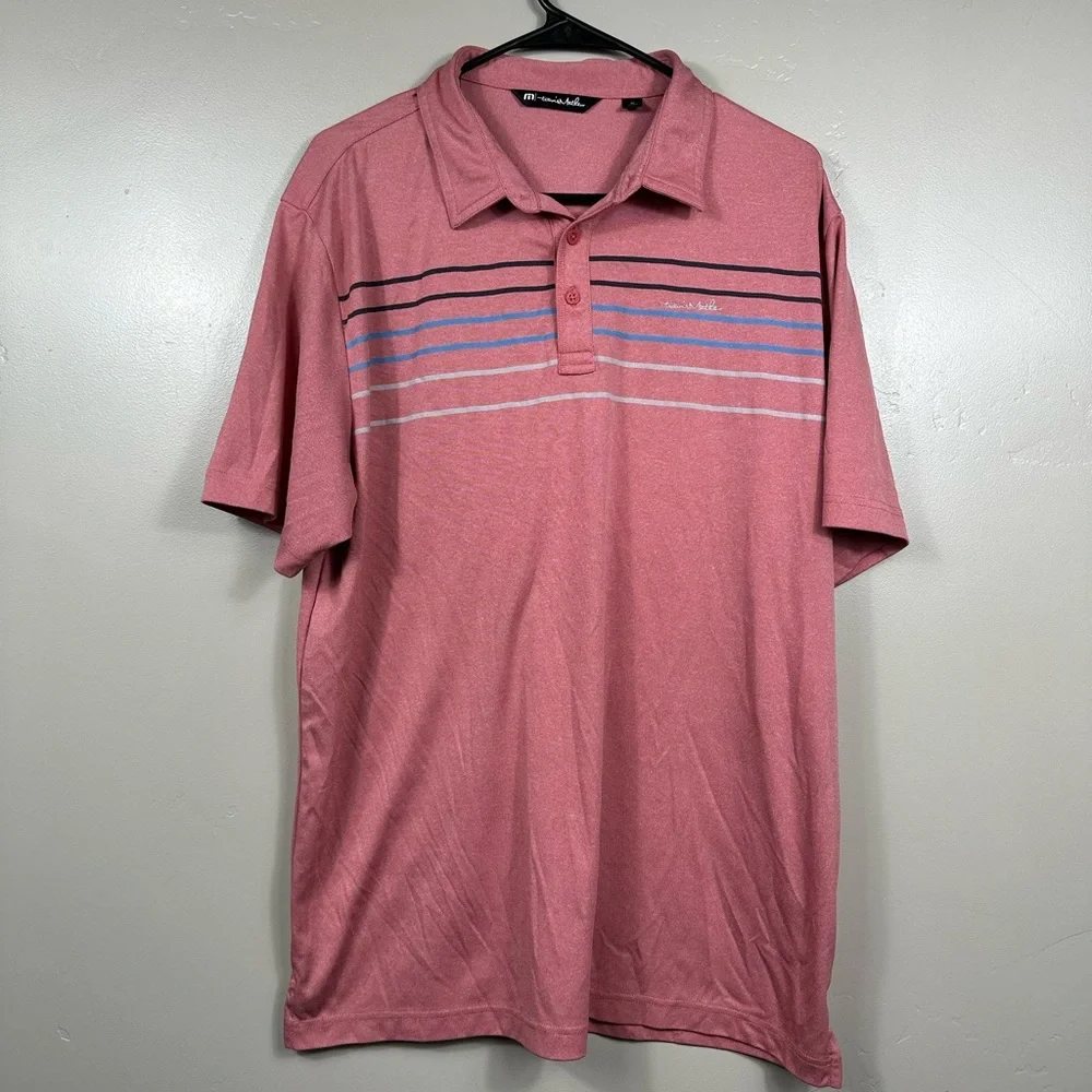 Travis Mathew zmen’s Striped Short Sleeve Polo Shirt Salmon Pink Size XL